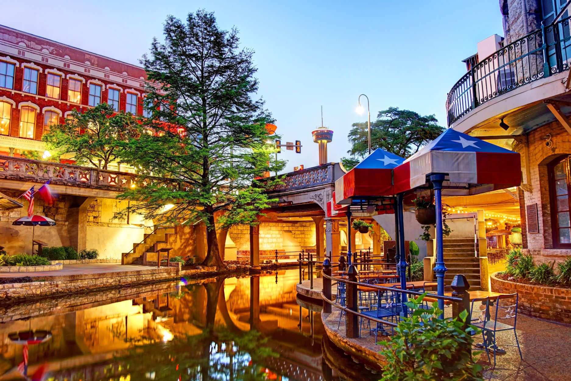 The San Antonio River Walk lined with restaurants